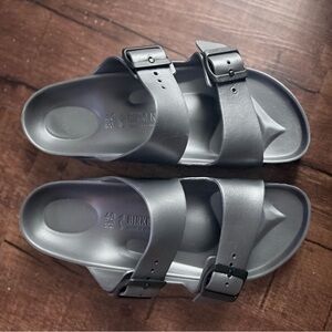 Birkenstock Women Sz 40 Dark Gray Metallic Adjustable Two-Strap EVA Slide Sandal
